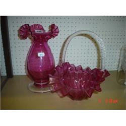 Cranberry glass vase with handkerchief shaped to (10" high) plus cranberry glass basket, clear glass
