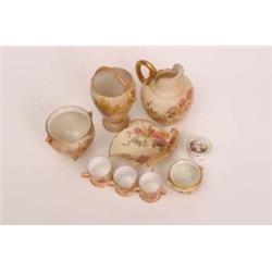 Eight pieces Royal Worcester bisque porcelain, seven with puce factory marks, gilded with floral dec