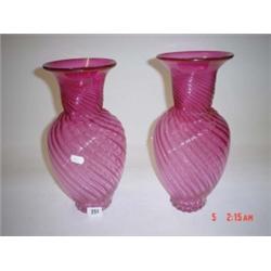 Pair cranberry swirl glass vases, 13" high