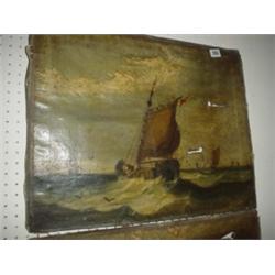 Two 19th century unframed seascape oils on canvas, 17x21" in need of restoration