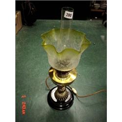 Brass and glass oil lamp having been converted to electric, 21" high