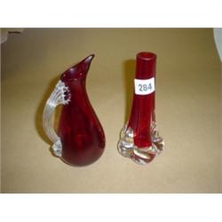 Whitefriars ruby glass jug and a ruby spill vase both approx 7" high