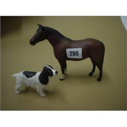 Beswick Thorough Stallion (small) No 1992 plus small Beswick Spaniel (with repair)