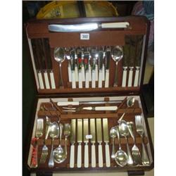 Sixty eight piece bone handled canteen of cutlery, six place settings, Sheffield stamp to oak fitted