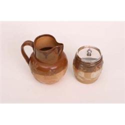 Royal Doulton stoneware Lambeth hunting jug plus Royal Doulton Lambeth silver rimmed tobacco jar wit