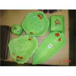 Three green gold stamped Beswick ware vegetable dishes plus lidded jam pot (lid cracked) and unmarke