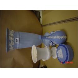 Wedgwood blue vase plus three pieces Jasper ware, white urn and Copenhagen pin tray