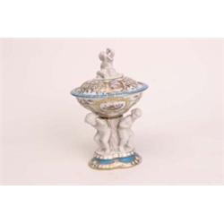 Late 19th century porcelain and bisque pomander centre piece with lid, decorated with birds, flowers