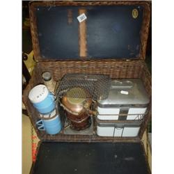 Wicker car picnic basket with copper and brass burner and other original items, stamped G.W.S & Son