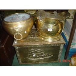 Brass coal box plus brass coal bucket and jardiniere