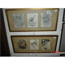 Pair 19th century Japanese water colours depicting six characature of a stylised weather god