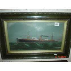 Naive oil of a ship SS Crown Point initialled J.P 10x17"