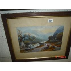 19th century water colour of mountain view of figure with cattle, indistinctly signed L. Burrel Smit