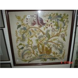 Late 19th century wool work picture of birds and flowers 24x24"