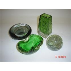 Three glass Whitefriars pieces and Victorian bubble glass paper weight