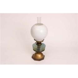 Victorian brass and glass oil lamp, complete with chimney and white bowl cover 20" high