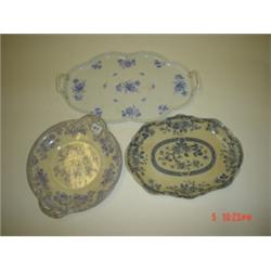Victorian Coalport tray with blue floral decoration and two blue and white dishes