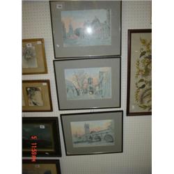 Three framed pictures of Magdalen Bridge, Christchurch College and High Street, Oxford, signed B. Ri