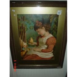 Framed Pears print of girl with chick in hand