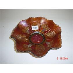 9" diameter carnival glass fruit bowl with peacock and grape vine interior