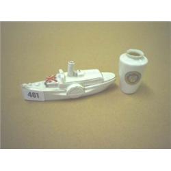 Crested ware Shelley china model of paddle steamer No 362 Teignmouth plus crested ware vase Paignton