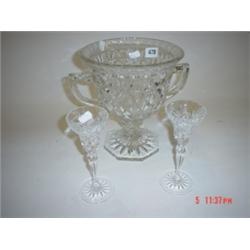 Large glass twin handled vase plus two candle glasses.