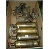 Image 1 : Box of four Brass fire extinguishers and three blow lamps and a sprayer.