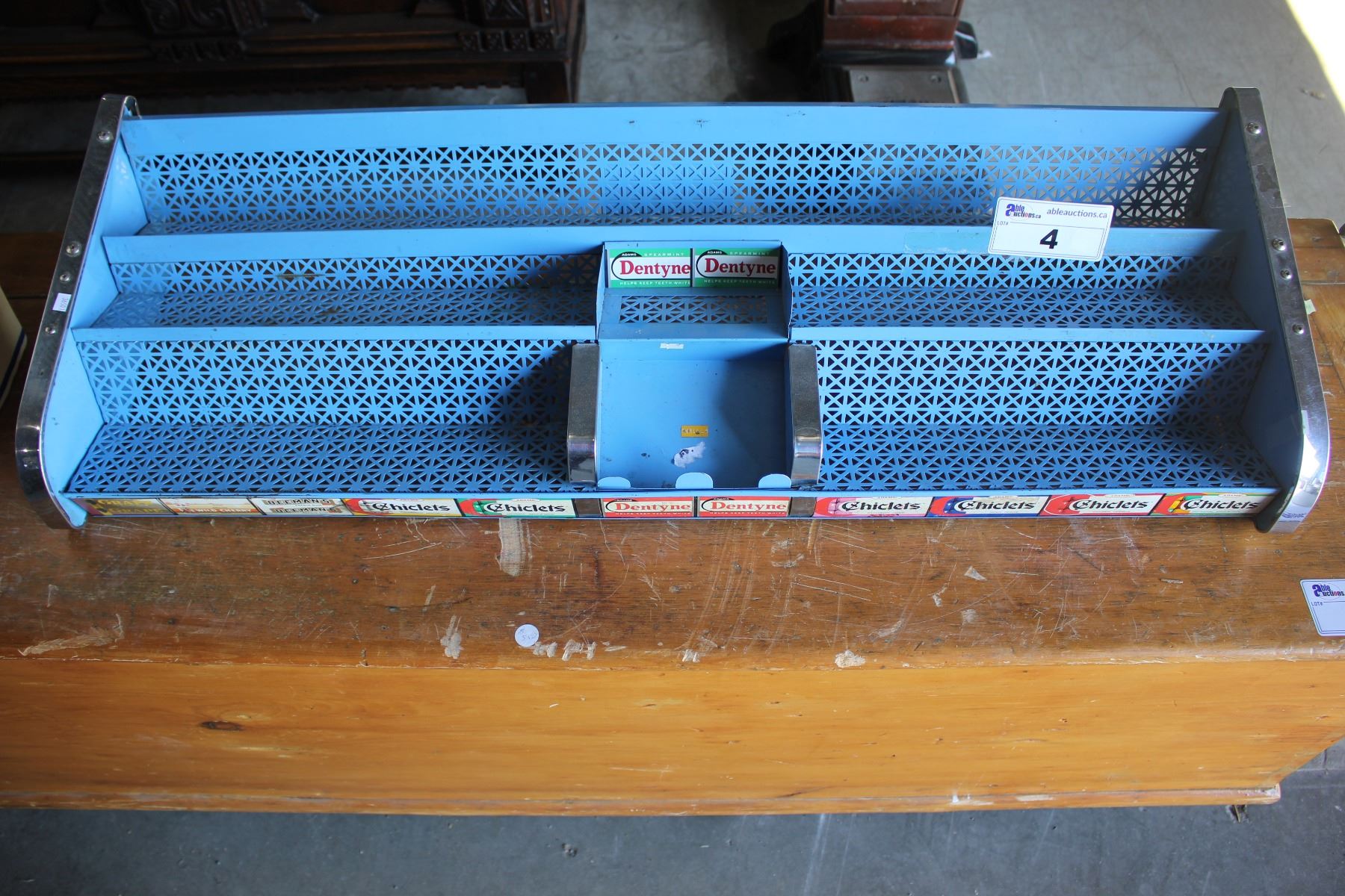 VINTAGE BLUE METAL GUM DISPLAY - DENTYNE, CHICLETS, BEEMAN'S, AND ADAMS