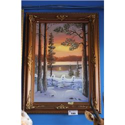 ORNATE FRAMED NORWEGIAN OIL PAINTING - WINTER LAKE SCENE SIGNED BOTTOM RIGHT