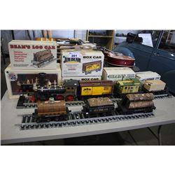 JIM BEAM TRAIN DECANTER SERIES SET INCLUDING LUMBER CAR, YELLOW CABOOSE, BOX CARS, AND LOG CAR!