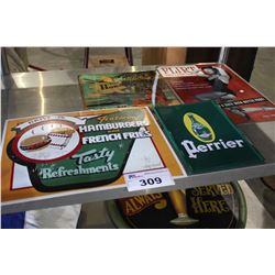 FOUR TIN SIGNS - "VISIT HONOLULU", "PERRIER", "FLIRT GIRLS - GAGS - GIGS-" & "DRIVE IN FEATURING