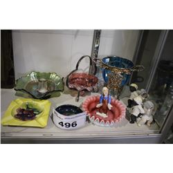 LOT OF COLLECTABLES INCLUDING CARNIVAL GLASS, FIGURES AND VINTAGE ASHTRAYS