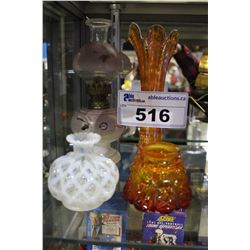 CARNIVAL GLASS VASE, CANDLE COVER AND OIL LANTERN AND VASE