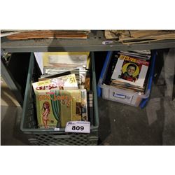 CRATE OF VINTAGE ADULT COMEDY MAGAZINES AND BIN OF VINTAGE VINYL RECORDS INCLUDING ELVIS