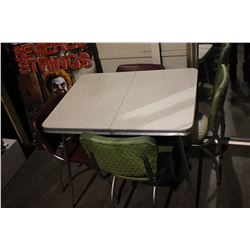 VINTAGE DINING TABLE WITH FOUR RED & GREEN CHAIRS