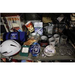 SHELF LOT INCLUDING POPCORN MAKER, BLANKET, HELMET, MUGS/CUPS AND MORE