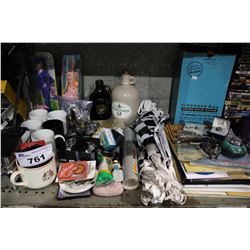 SHELF LOT OF VINTAGE COLLECTABLES INCLUDING LE CRUCHON DRY WINE BOTTLE, TWO BARBIES, MUGS,