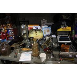 SHELF LOT OF VINTAGE COLLECTABLES INCLUDING BOXES, GAUGES, INSTANT CAMERA, PAINTED BOWL AND MORE