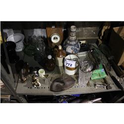 SHELF LOT OF COLLECTABLES INCLUDING VASES, FIGURES, FISHING NET AND MORE
