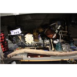 SHELF LOT OF COLLECTABLES INCLUDING SIGNED FOOTBALL, MOCCASINS, ANTIQUE LIGHT COVERS, VINTAGE TRAY