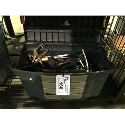 TOOL BOX AND CONTENTS, VISE GRIPS, PLUMBERS WRENCH, SCREWDRIVERS, ELECTRIC STAPLER, AND MISC TOOLS