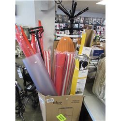 COAT HANGER WITH DAMAGE, BOX OF FLAGS WITH POLES, CURTAIN RODS, SUN SHADES, IRONING BOARD, OFFICE