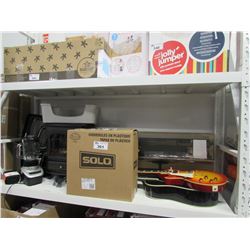 SHELF LOT OF SMALL KITCHEN APPLIANCES, ELECTRIC FIRE PLACE, GUITARS, MONITOR, ETC (FOR PARTS,