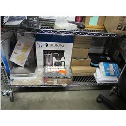 ASSORTED KITCHENWARE, COFFEE MAKER , BAKING PANS, LINEN, MASON JARS, CAKE LEVELER