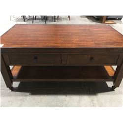 2 DRAWER SOLID WOOD ROLLING  COFFEE TABLE
