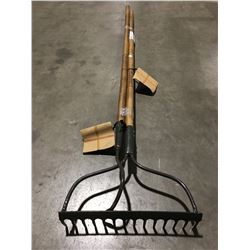 2  WOOD HANDLED GARDEN TOOLS-RAKE & SINGLE SPADE