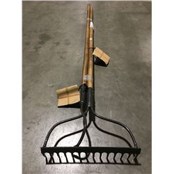 2  WOOD HANDLED GARDEN TOOLS-RAKE & SINGLE SPADE