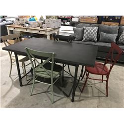 5 PCE INDUSTRIAL STYLE DINING  SET TABLE WITH 4 ASSTD COLOR METAL CHAIRS