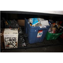 SHELF LOT OF ASSORTED HAND TOOLS, LEVELS, HEAT GUN, SPRAYER AND BIN OF HOUSEHOLD CLEANING PRODUCT