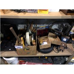 SHELF LOT INCLUDING TIRE PUMP KIT, BENCH TOP VICE, TRAILER LIGHTS, INDUSTRIAL DRILL, AND MORE